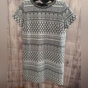LOFT Black White Geometric Print Short Sleeve Shift Dress Size L